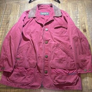 Vintage Timberland Chore Coat 100% Cotton Size Large Genuine Leather Collar